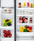 Set Of 8 Clear Stackable Plastic Storage Bins With Four Large And Four Small Containers For Pantry Kitchen Refrigerator Cabinet Organization in fridge with fruits and jars.