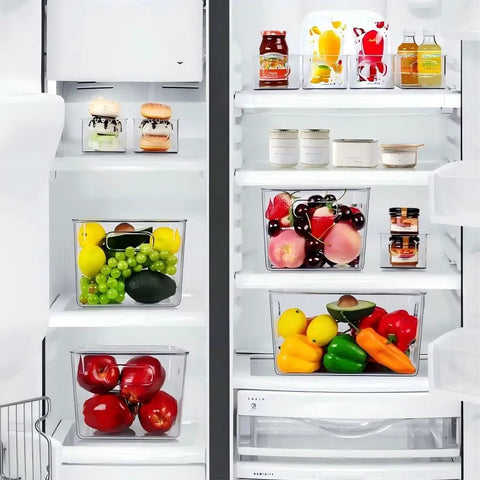 Set Of 8 Clear Stackable Plastic Storage Bins With Four Large And Four Small Containers For Pantry Kitchen Refrigerator Cabinet Organization in fridge with fruits and jars.