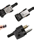 Six Millimeter Marine Fuel Line Connector Kit For Dockside Boat Lines With Male And Female Fittings Fits One Quarter Inch Hose Built For Outboard Motors And Fuel Tanks Three Piece Set showing connectors and hand holding connector.