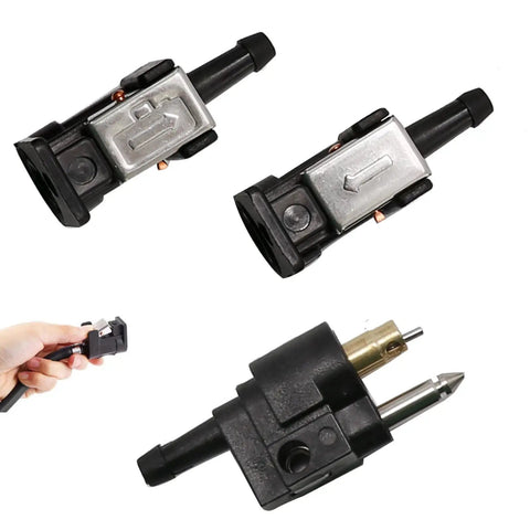 Six Millimeter Marine Fuel Line Connector Kit For Dockside Boat Lines With Male And Female Fittings Fits One Quarter Inch Hose Built For Outboard Motors And Fuel Tanks Three Piece Set showing connectors and hand holding connector.