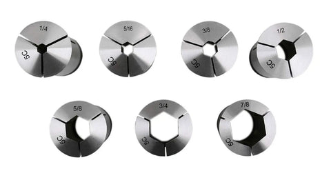 Seven Piece Five C Hex Collet Set One Quarter Inch To Seven Eighths Inch, precision hardened and ground, spring steel front view