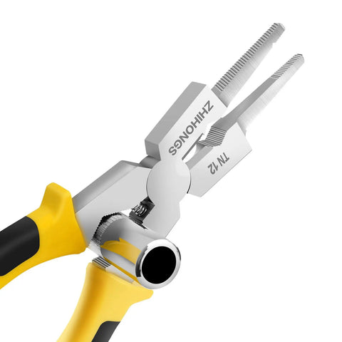 Close-up of 8-Inch MIG Welding Pliers With Retention Chain And Ergonomic Handle, heavy-duty high-carbon steel, HRC60 strength