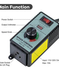 AC Motor Variable Speed Controller 120V 15A Max With LED Voltage Display showing speed knob and power switch
