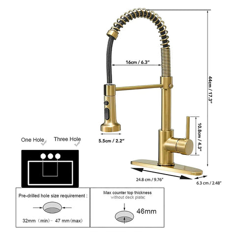 High Arc Kitchen Faucet With Pull Down Sprayer And 360 Degree Swivel, Three Function Sprayer Head, dimensions and installation guide