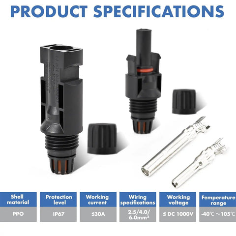 16 Piece Solar Panel Connector Kit IP67 Waterproof 1000V 30A Male And Female Connectors with product specifications displayed