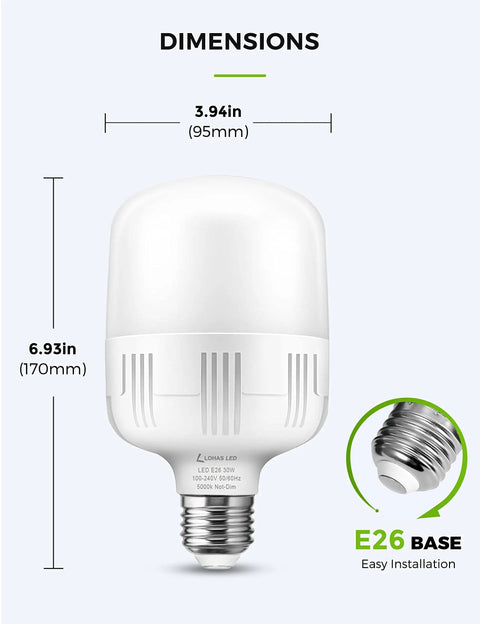 Ultra Bright LED Bulbs 250 300W Equivalent 3400 Lumens 5000K Daylight E26 Base With Free E39 Adapter shown with dimensions