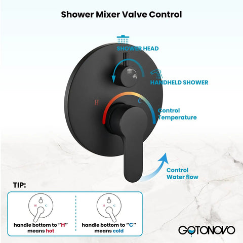 Matte black valve from 10 Inch Round Rainfall Shower Head Kit With 3 Modes And 6 Function Handheld Spray Wall Mounted System