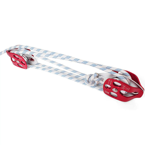 Heavy Duty Twin Sheave Block And Tackle With 1/2 Inch Braided Poly Rope, 7700 Lb Break Rating, Forged Aluminum Double Pulley Rigging System Built Like A Tank For No Sweat Heavy Hauling on display.