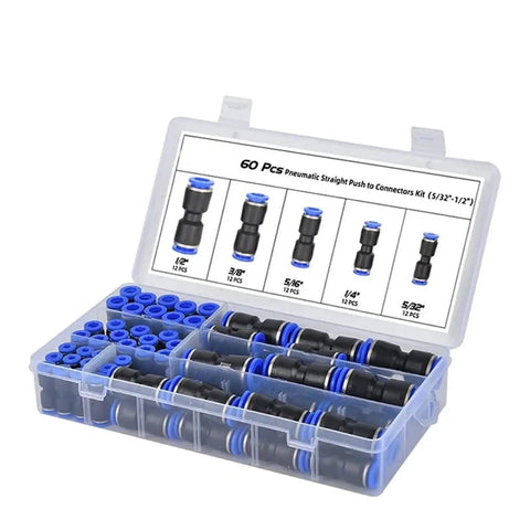 Awesome 60 Pc Pneumatic Fittings Kit With Push to Connect Pu Hose Quick Release Tube Adapters For Fast And Secure Tool Free Connections That Seals Tight Perfect For Pro DIY Pros And Garages. 60-piece kit in case