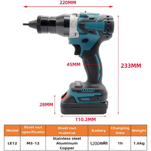 Epic Cordless Rivet Nut Tool With M3 To M12 Fasteners For Aluminum And Iron Making Blind Riveting A Breeze No Cables Needed So You Can Crush It Anywhere Without Pain Or Hassle. side view, 5200mAh battery