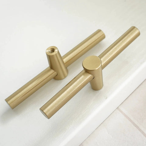 Brushed Brass Cabinet Knobs 4 Pack T Bar Cabinet Pulls Gold Finish 3.9 Inch Length Single Hole Drawer Handles Solid Copper