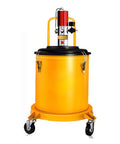 Heavy Duty Workhorse Pneumatic Grease Pump 30 Liter Capacity For 5 Gallon Drums with yellow tank and air motor for garage repairs.