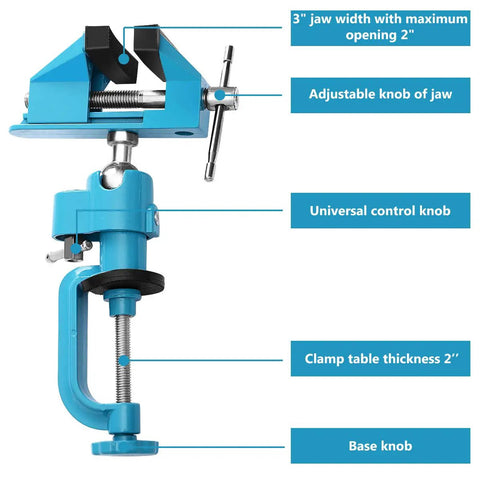 Heavy Duty Aluminum 3 Inch Tabletop Swivel Bench Vise Tilts And Rotates 360 Degrees with labeled parts diagram