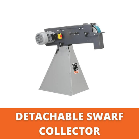 Heavy Duty Industrial Belt Grinder Built Like A Tank For Metal Fabrication Shops Featuring Rock Solid Steel Frame And Badass Torque 3 Phase 400 440 Volt Motor with detachable swarf collector.