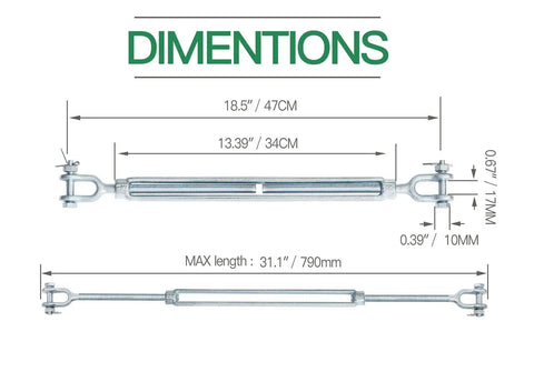 Dimensions of Heavy Duty One Half Inch Jaw Jaw Turnbuckle Galvanized For Wire Rope Cable Marine Grade Closed Body Two Pack 3500 Lbs