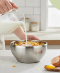 Heavy Duty Double Insulated Stainless Steel Mixing Bowls 12 Piece Bulk Set 24 Oz Matte Brushed Finish used for pouring milk over cereal.