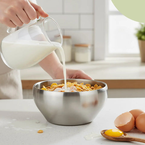 Heavy Duty Double Insulated Stainless Steel Mixing Bowls 12 Piece Bulk Set 24 Oz Matte Brushed Finish used for pouring milk over cereal.