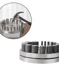 Circular Disc Cutter Set for metalworking with punch die kit on display, used for jewelry making, gaskets, and pendant projects.