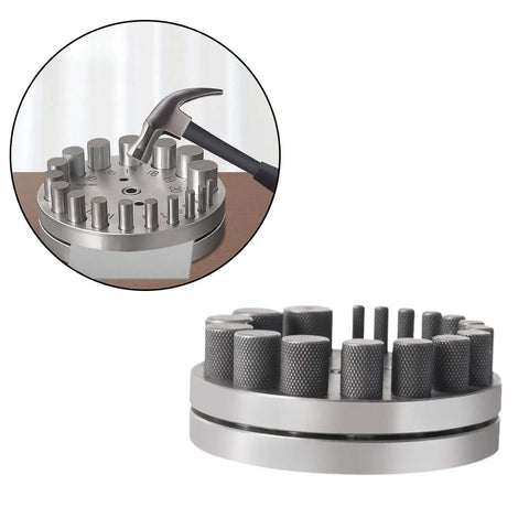 Circular Disc Cutter Set With Pendant Punch Tool And 17 Dies For Metal Forming, Premium High Carbon Steel, shown on table.