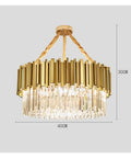 Slick Gold Metal LED Pendant Chandelier With Genuine K9 Crystal Drops, Eight Ceiling Lamp, No Hassle Install top view with dimensions