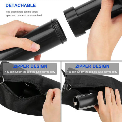 Hands detaching black tube from Top Golf Ball Collector Shag Bag Holds About 75 Balls With Detachable Retriever Tube And Nylon Storage Bag