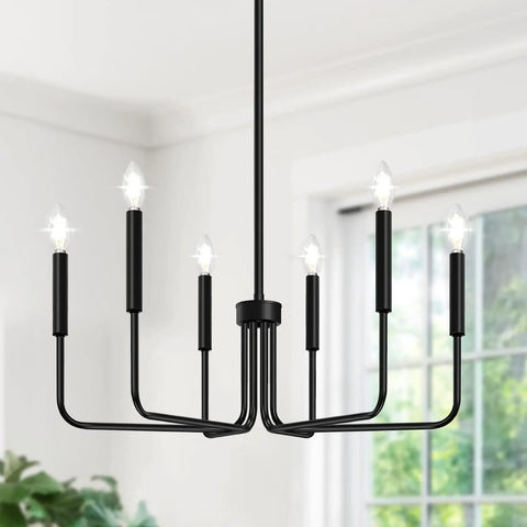 Six Light Farmhouse Industrial Chandelier With Matte Black Finish installed in bright room
