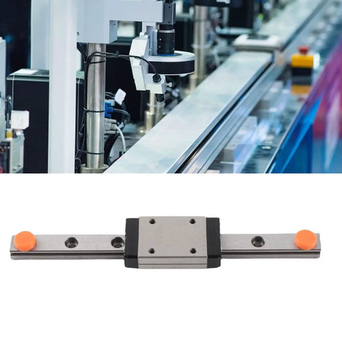 100mm High Precision Linear Guide Rail with Slide Block for CNC Machines and 3D Printers Built to Last With Rock Solid Bearing Steel for Smooth Motion Auto Centering for Repeatable Reliable Tooling Performance, close-up rail and block