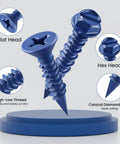 Close-up of blue epoxy coated screws showing hex and flat heads, high-low thread, and diamond point. 35 Pcs 1/4 X 2-1/4 Inch Concrete Screws Anchor With Drill Bit And Magnetic Driver Bit Included For Brick Stucco And Block Jobs Blue Epoxy Coated Diamond Point Hex Head.