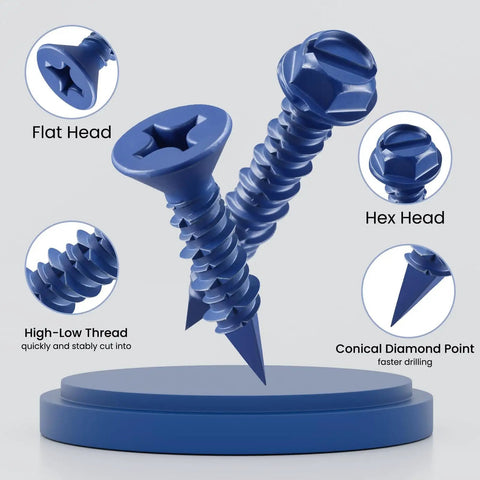 Close-up of blue epoxy coated screws showing hex and flat heads, high-low thread, and diamond point. 35 Pcs 1/4 X 2-1/4 Inch Concrete Screws Anchor With Drill Bit And Magnetic Driver Bit Included For Brick Stucco And Block Jobs Blue Epoxy Coated Diamond Point Hex Head.