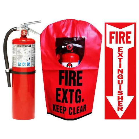 Dead On 10Lb Class ABC Fire Extinguisher Stowed In Heavy Duty Cover And Bold Wall Sign beside a visible inspection window.