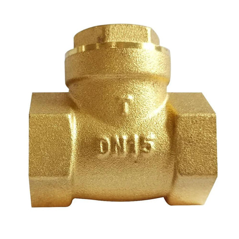 Front view of a solid brass 1/2-inch horizontal swing check valve with DN15 marking.