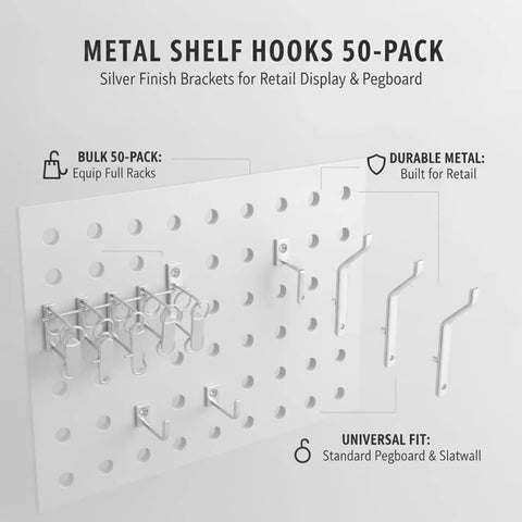 Heavy Duty Metal Shelf Hooks 50 Pack For Pegboard Displays Silver Finish Brackets That Slide Into Standard Holes on pegboard