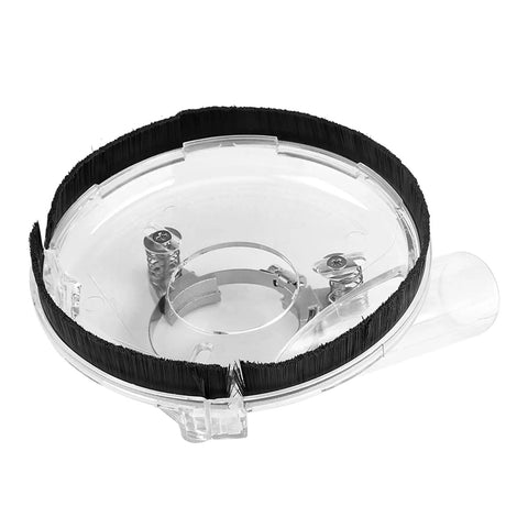 Universal Angle Grinder Dust Cover And Guard For 4 And 5 Inch Pro Polishing Machines, clear material with black bristles, captures sparks and dust.