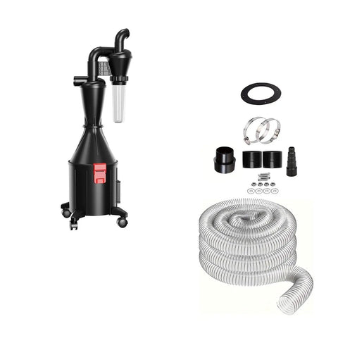 Rock Solid Wall Mounted Cyclone Vacuum Featuring Massive Turbo Suction And Dual Filter Wheeled Dust Collector with accessories.