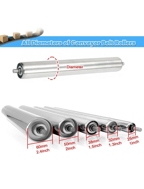 Heavy Duty Stainless Steel Conveyor Rollers Two Pack 38mm Diameter By 21 Inch Length on conveyor showcasing various diameters.