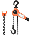 Front view of Amarite 1650 lb lever chain hoist with orange housing, black chain, top hook and bottom load hook
