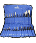 Automotive 29 Piece Chisel Set And Punch Tool Kit in blue roll-up pouch displaying various metal chisels and punches.