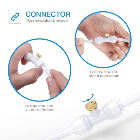 Hands inserting 10 Pack Solid Brass Misting Nozzles For Outdoor Cooling System Replacement Nozzles For One Quarter Inch Tubing