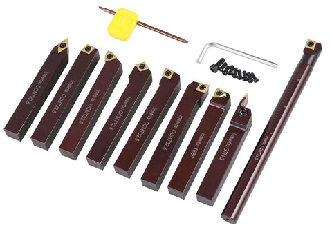 Accusize 5/8 in shank 9-piece indexable turning and boring tool set with TiN-coated C6 inserts for steel