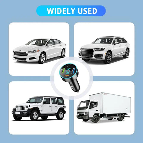 Straight Up Fast Four Port Car Charger Featuring Digital Voltmeter Pd Qc3.0 Usb C Cigarette Lighter Plug Zero Fuss Setup For Iphone Samsung And Android Riders in use with various vehicles.