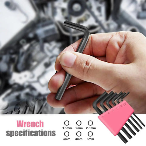 Holding an L-shaped wrench from Compact Tool Box Set For Women With 24 Piece Essential DIY Starter Tools For Home Projects.