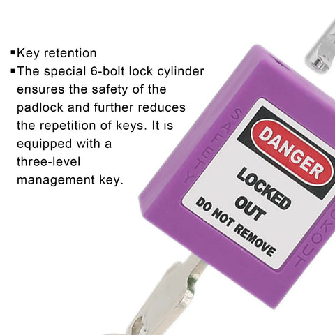 5 Pack 38mm Industrial Safety Padlocks Lockout Tagout Kit With 10 Keys And Writable Labels NonConductive For Machine Building Electrical Maintenance Built Tough As Nails And Resists Impacts Standing Strong Through Freezing Or Scorching Temps. Purple 38mm nylon safety padlock with lockout tagout label and key