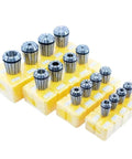 Premium Spring Collet Chuck Set For CNC Engraving, Lathe And Milling Machines with ER20 ER25 ER32 sizes displayed in yellow cases.