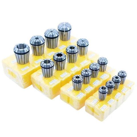 Premium Spring Collet Chuck Set For CNC Engraving, Lathe And Milling Machines with ER20 ER25 ER32 sizes displayed in yellow cases.