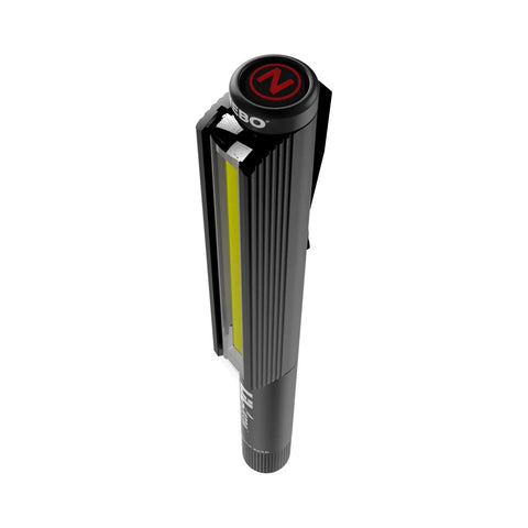 Lil Larry 250 Lumen COB LED Flashlight With Aircraft Grade Aluminum Body, showing side view with belt clip and magnetic base.