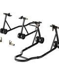 Beefy Heavy Duty Universal Motorcycle Stands With Front And Rear Wheel Lift 882 Lb Capacity Adjustable Swingarm Spools Paddock Stand Combo