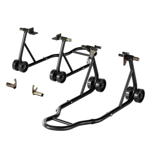 Beefy Heavy Duty Universal Motorcycle Stands With Front And Rear Wheel Lift 882 Lb Capacity Adjustable Swingarm Spools Paddock Stand Combo