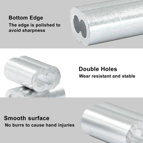 One Eighth Inch Aluminum Wire Rope Crimp Sleeves Set, Double Barrel Cable Crimps for One Eighth Inch Wire, 120 Pieces, Pro Grade Premium Aluminum Alloy, Durable, Easy Install, Heavy Duty Cable End Sleeves for DIY and Marine close-up of polished double-hole sleeve