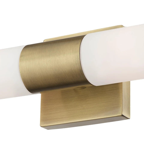 Close-up of Aero ADA Bath Vanity Light Bar, 2 Light, Antique Brass Finish, Modern Tubular Opal Glass Diffusion Detail