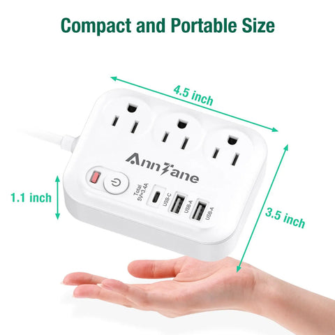 White 6 In 1 USB C Power Strip With 1 Type C Port And 2 USB A Ports 3 AC Outlets 5 Ft Flat Extension Cord shown on hand